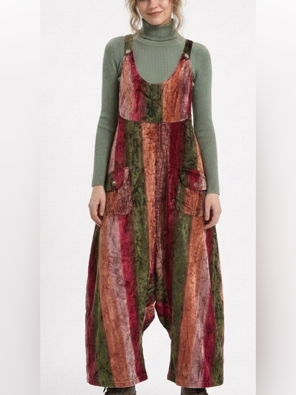 Earthbound Trading Co. Velvet Striped Wide Barrel Leg Jumpsuit Overalls - Size S